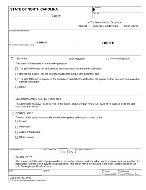 Form AOC-G-108 Order - North Carolina