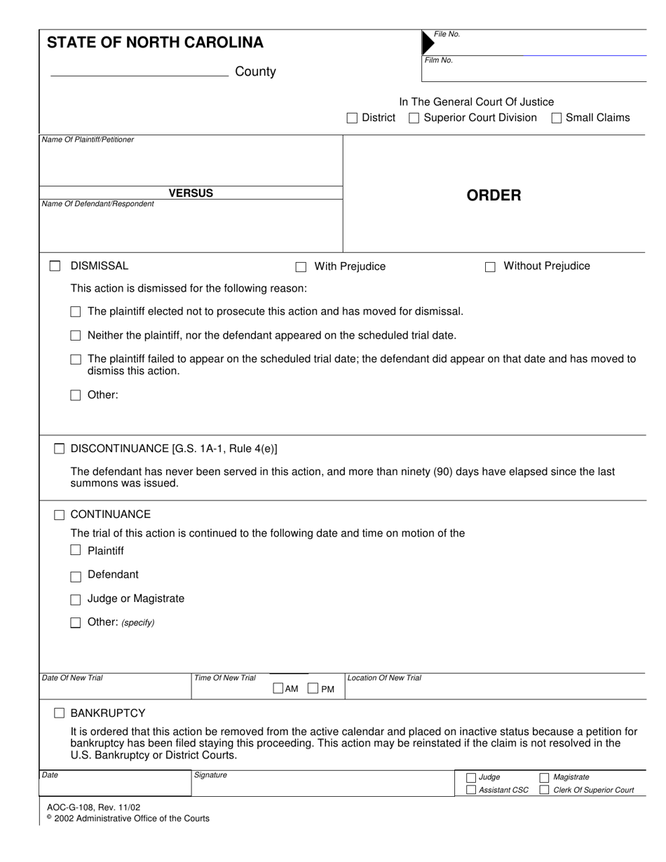 Form AOC-G-108 Order - North Carolina, Page 1