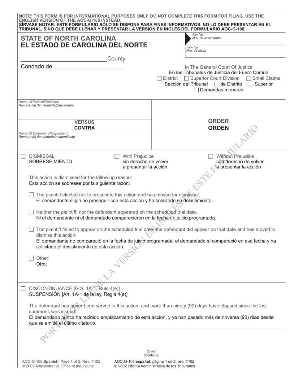 Form AOC-G-108 Order - North Carolina (English / Spanish), Page 1