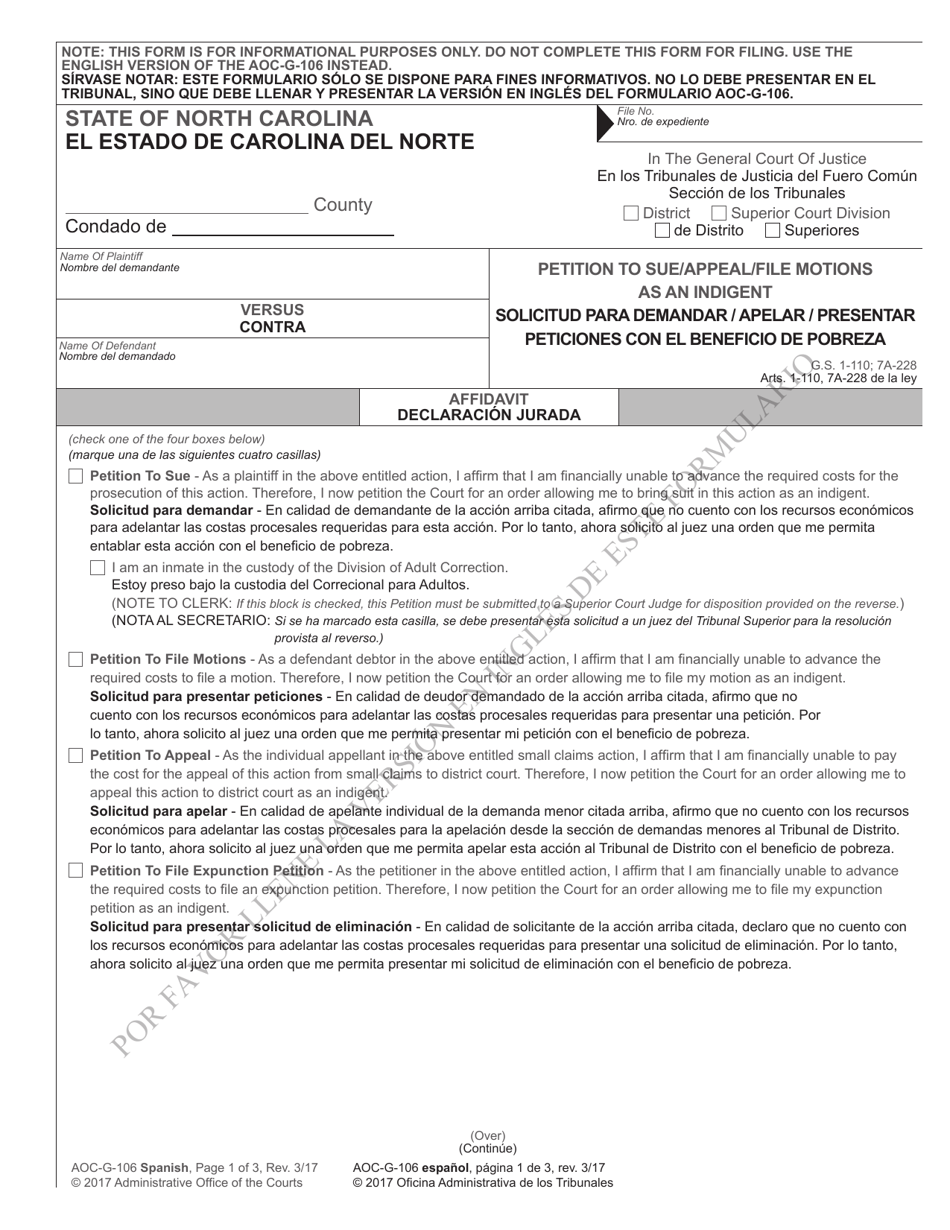 Form AOC-G-106 Petition to Sue / Appeal / File Motions as an Indigent - North Carolina (English / Spanish), Page 1