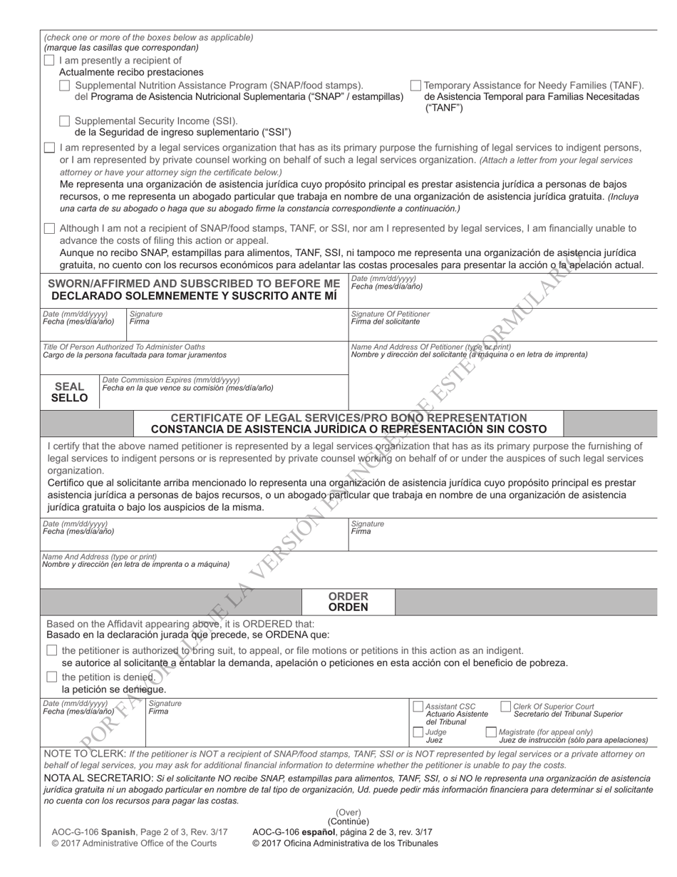 Form AOC-G-106 Petition to Sue / Appeal / File Motions as an Indigent - North Carolina (English / Spanish), Page 2