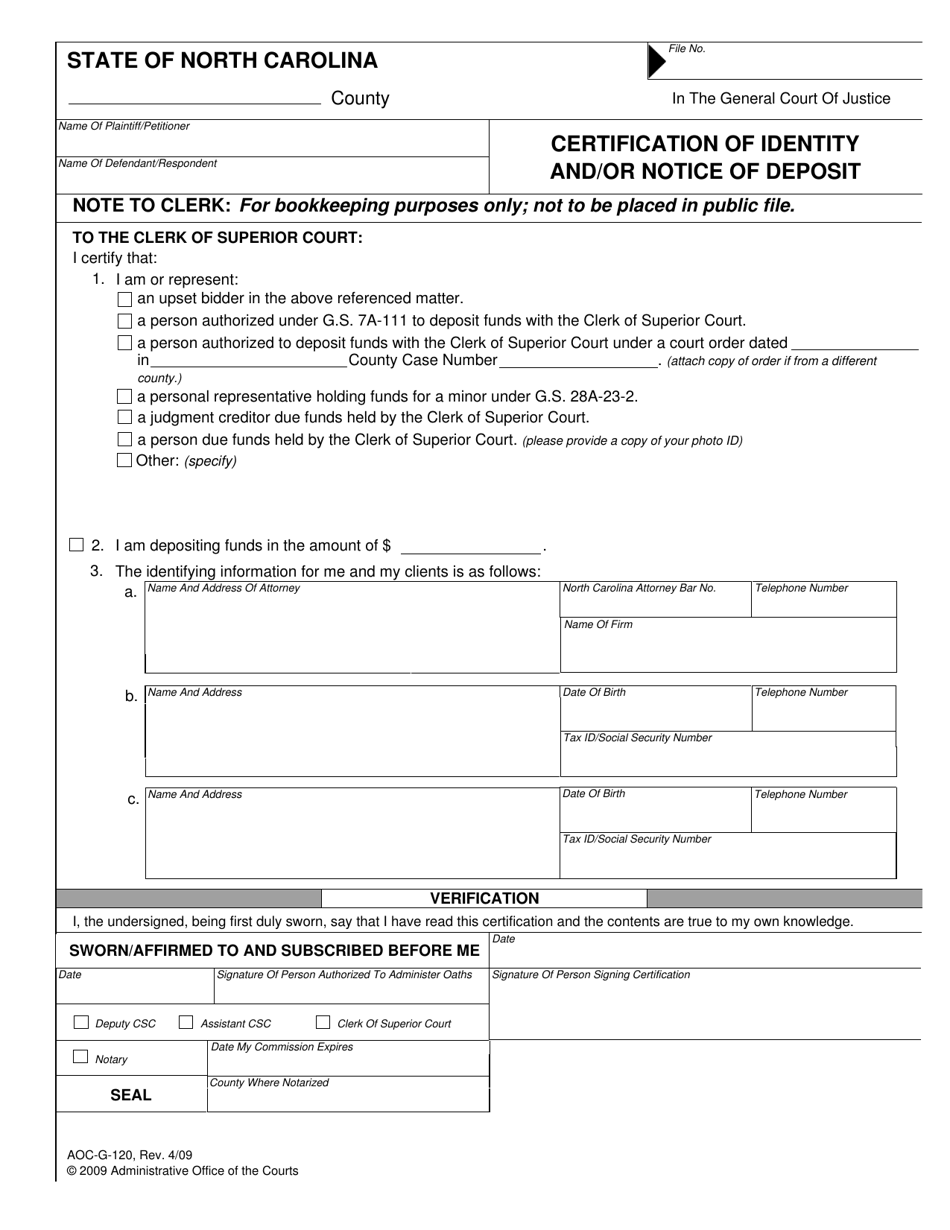 Form AOC-G-120 Certification of Identity and / or Notice of Deposit - North Carolina, Page 1