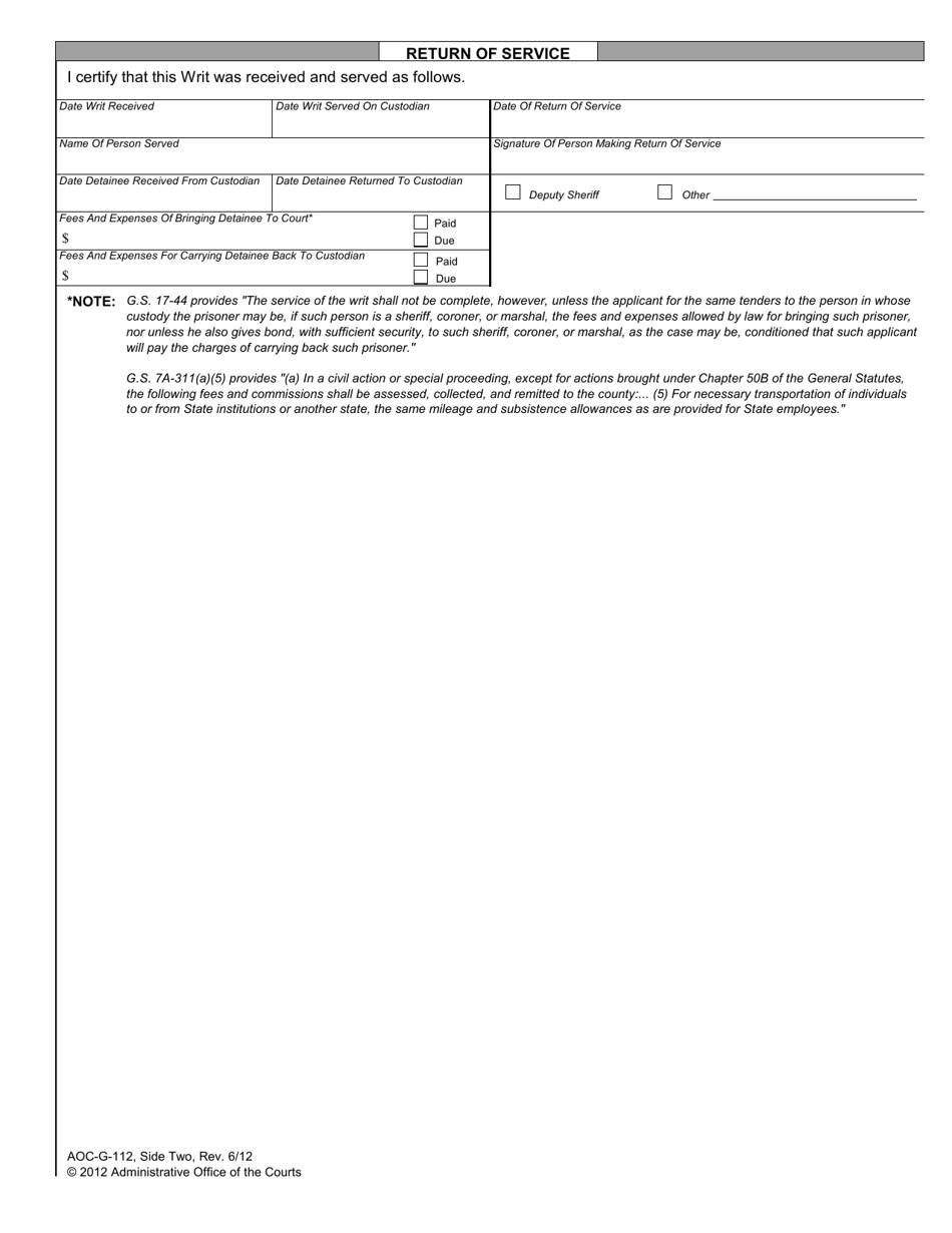 Form AOC-G-112 Application and Writ of Habeas Corpus Ad Testificandum - North Carolina, Page 2