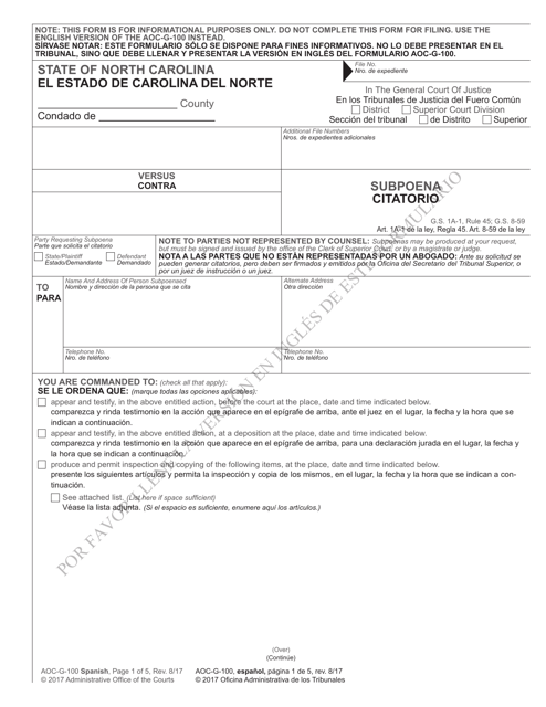 Form AOC-G-100 SPANISH Subpoena - North Carolina (English/Spanish)