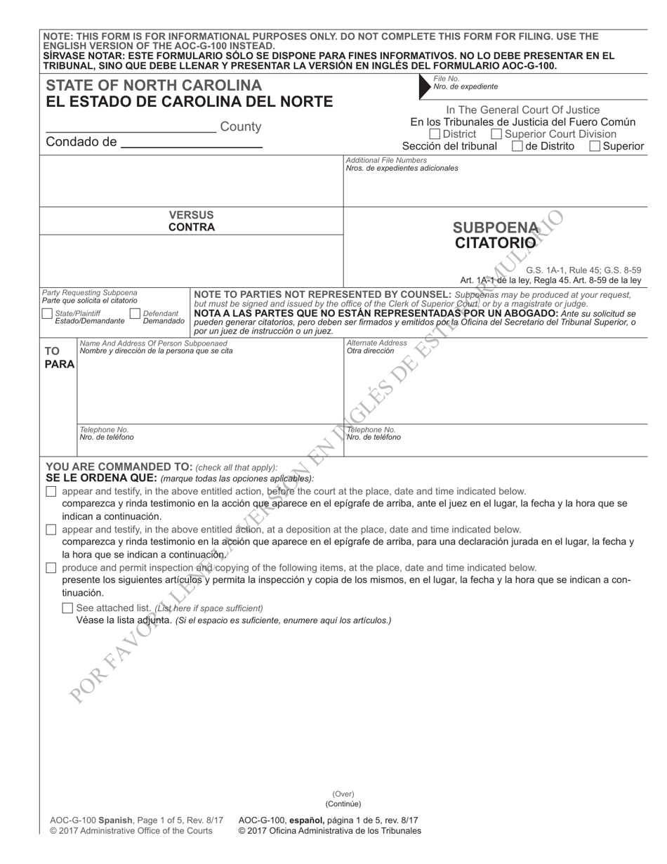 Form AOC-G-100 SPANISH Subpoena - North Carolina (English / Spanish), Page 1