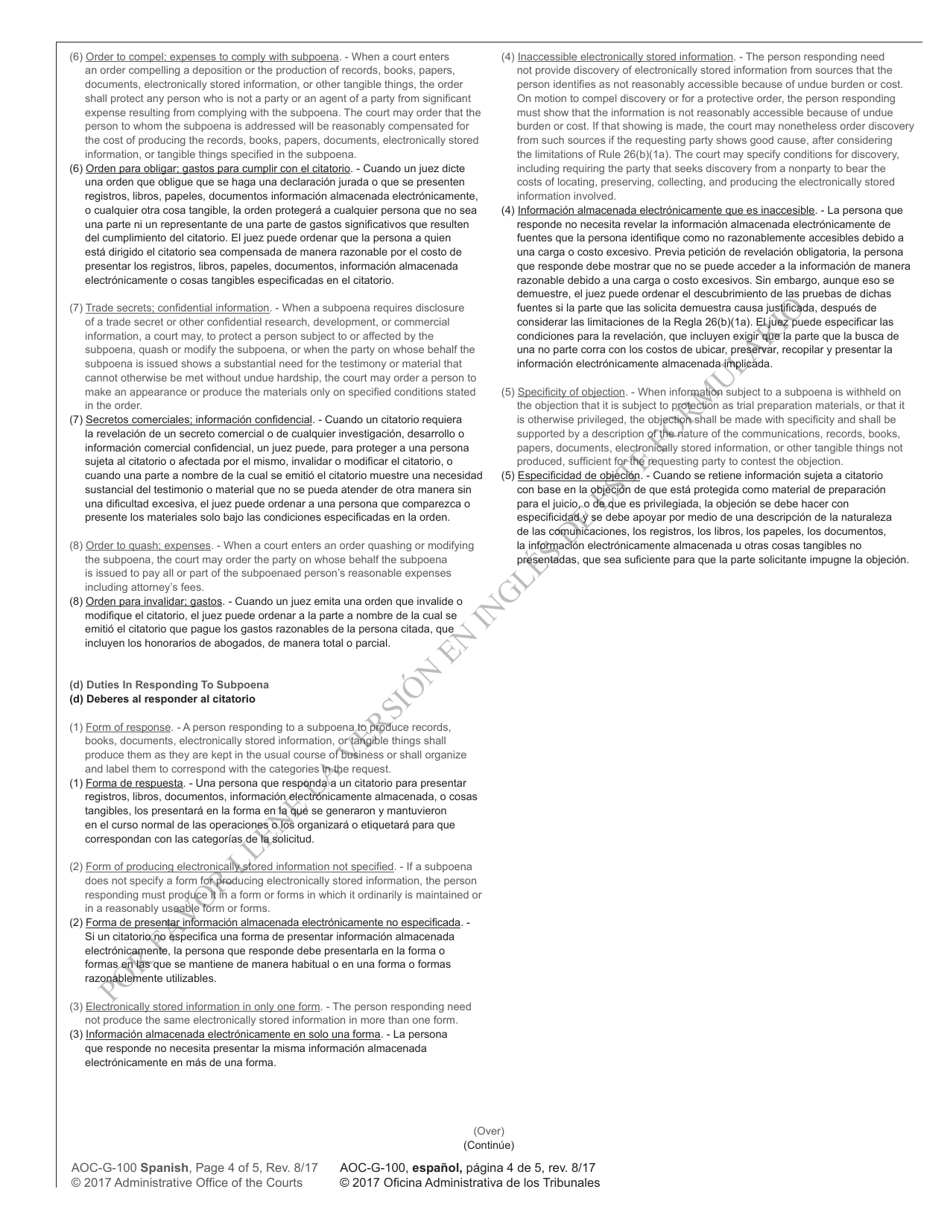 Form AOC-G-100 SPANISH Subpoena - North Carolina (English / Spanish), Page 4