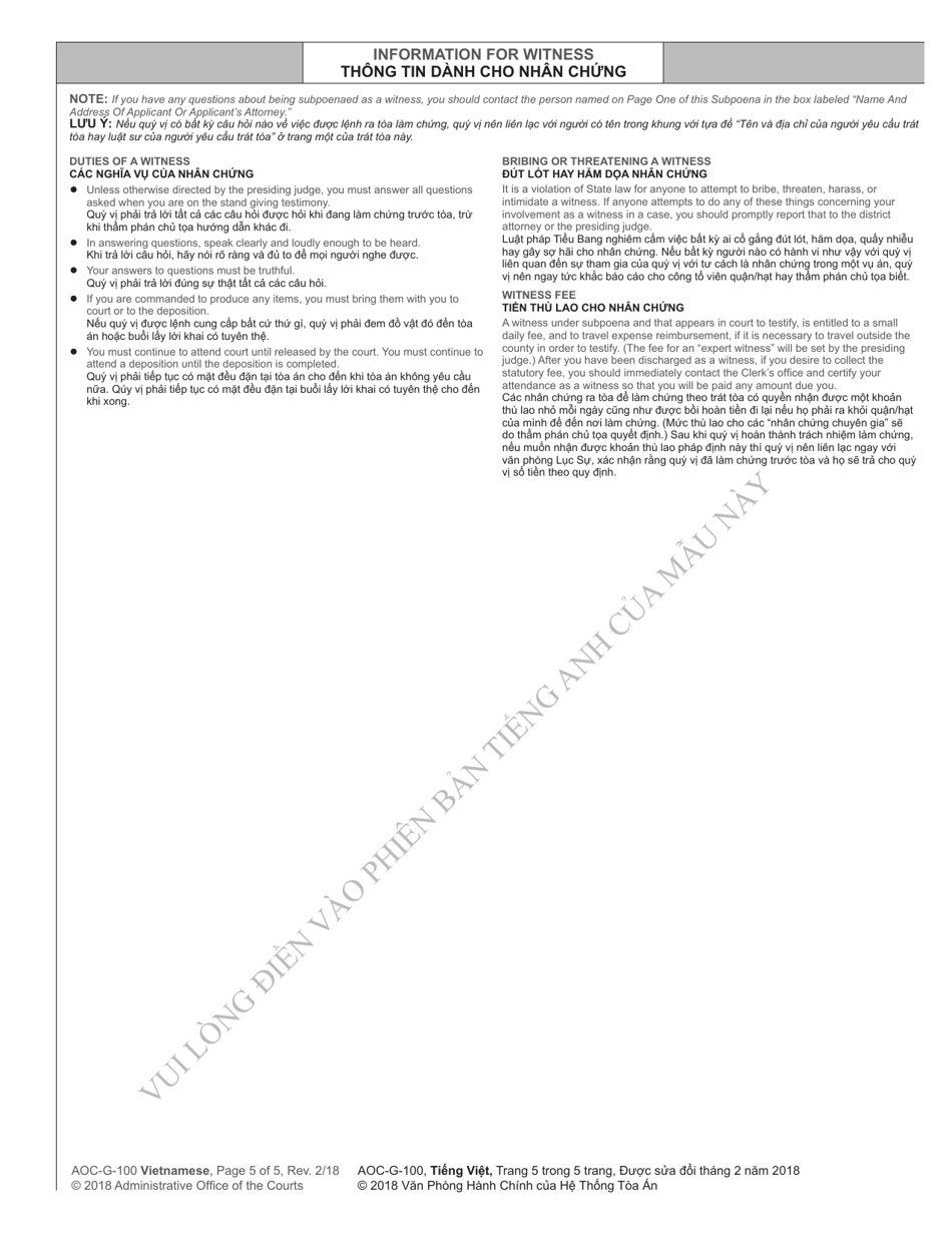 Form AOC-G-100 VIETNAMESE Subpoena - North Carolina (English / Vietnamese), Page 5
