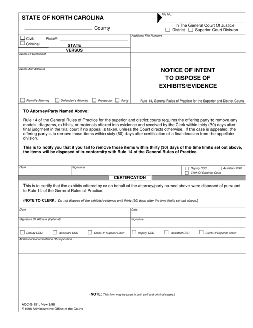 Form AOC-G-151 Notice of Intent to Dispose of Exhibits/Evidence - North Carolina