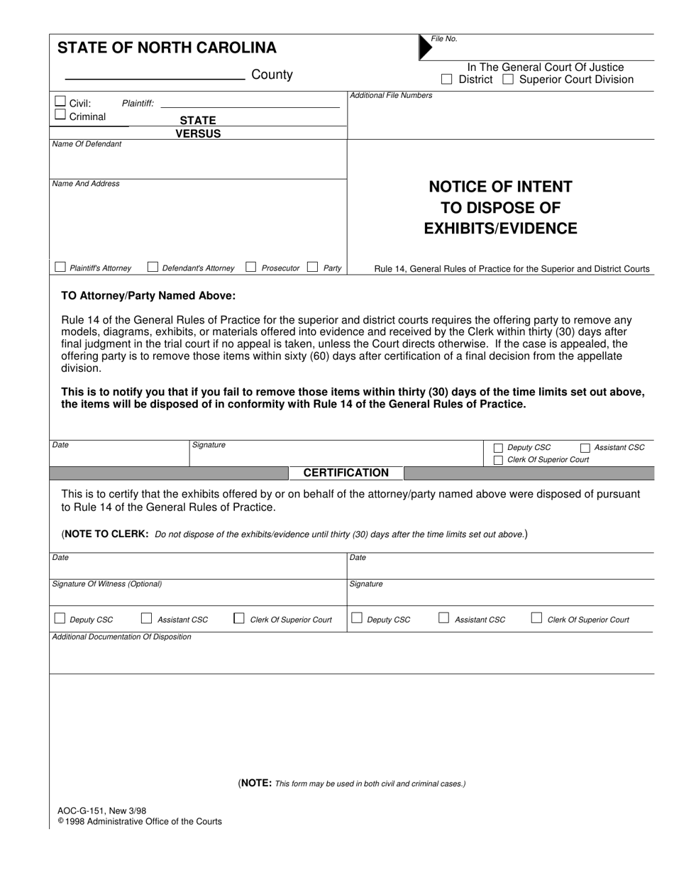 Form AOC-G-151 Notice of Intent to Dispose of Exhibits / Evidence - North Carolina, Page 1