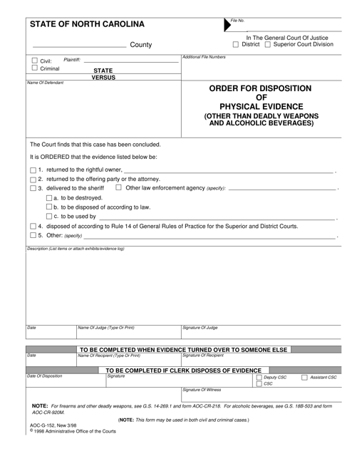 Form AOC-G-152 Order for Disposition of Physical Evidence (Other Than Deadly Weapons and Alcoholic Beverages) - North Carolina