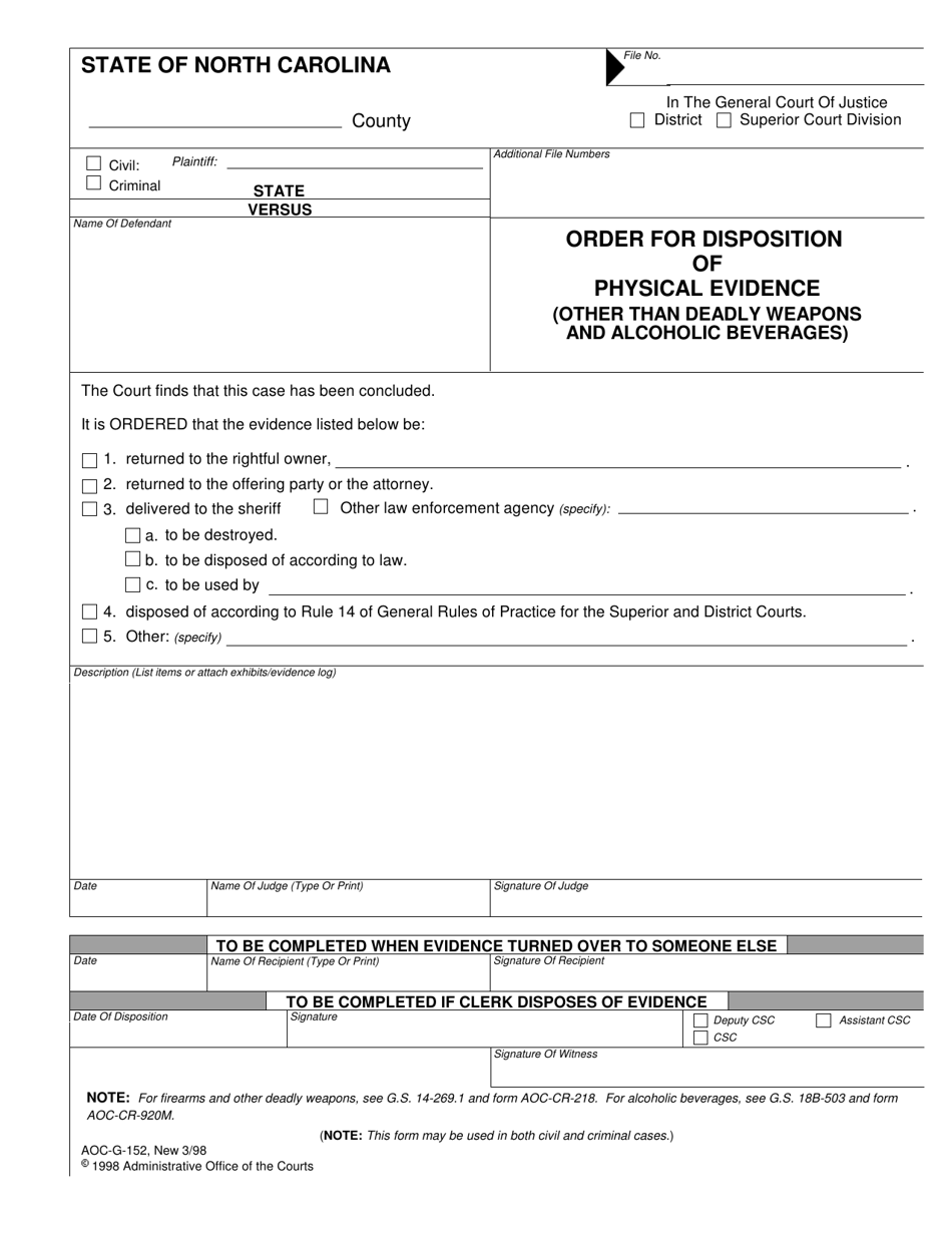 Form AOC-G-152 Order for Disposition of Physical Evidence (Other Than Deadly Weapons and Alcoholic Beverages) - North Carolina, Page 1