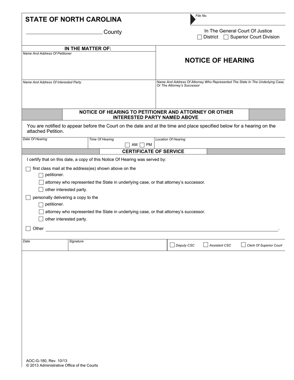 Form AOC-G-180 Notice of Hearing - North Carolina, Page 1