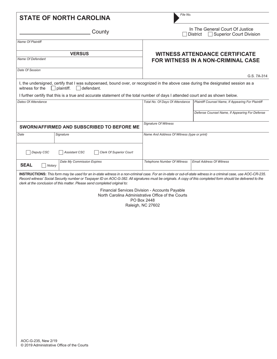 Form AOC-G-235 Witness Attendance Certificate for Witness in a Non-criminal Case - North Carolina, Page 1