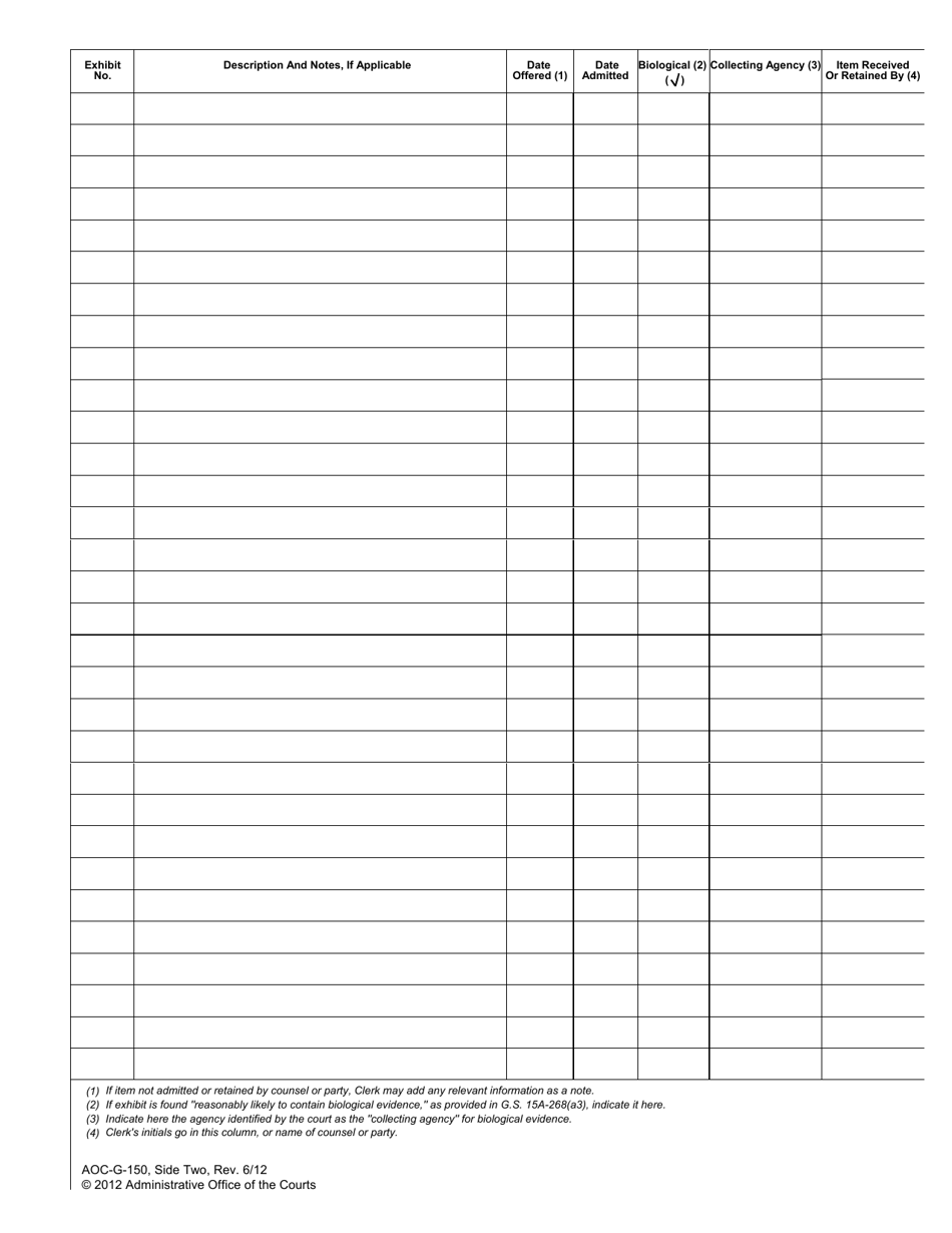 Form AOC-G-150 Exhibits / Evidence Log - North Carolina, Page 2