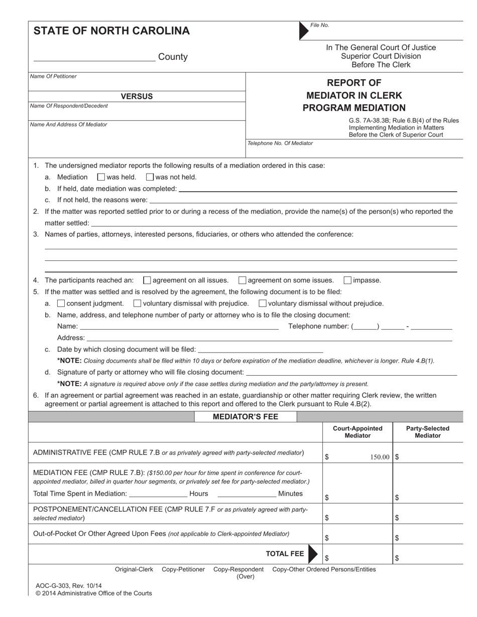 Form AOC-G-303 Report of Mediator in Clerk Program Mediation - North Carolina, Page 1