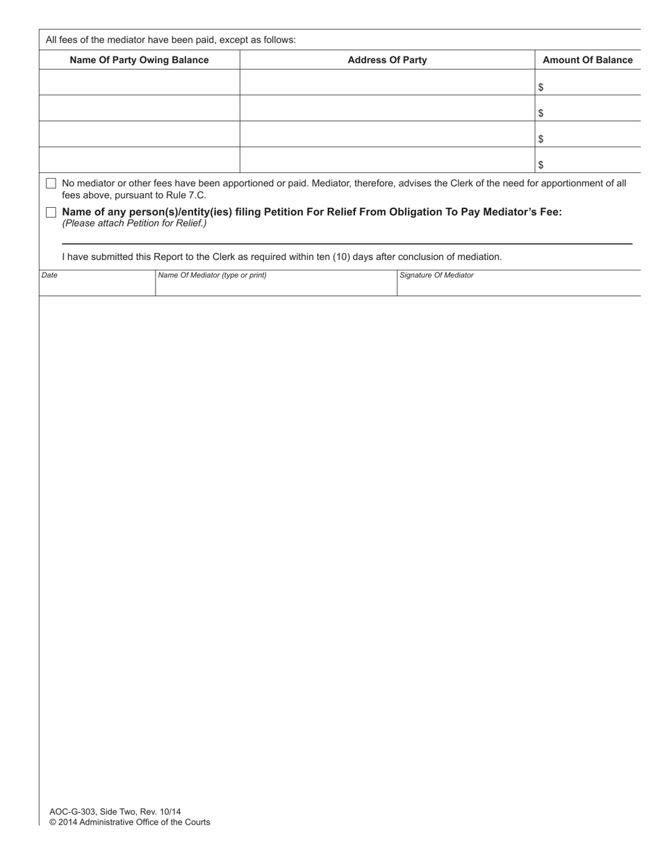 Form AOC-G-303 Report of Mediator in Clerk Program Mediation - North Carolina, Page 2