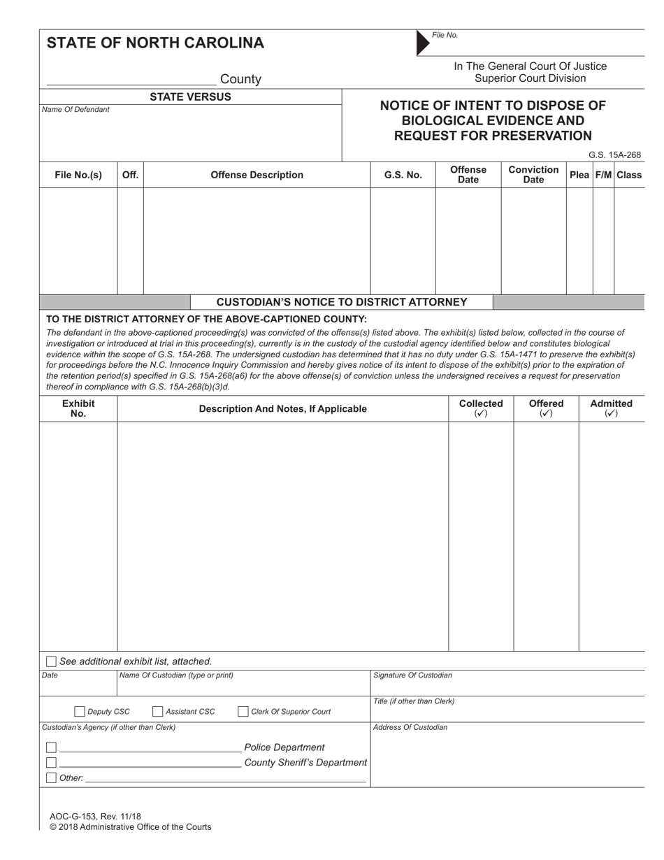 Form AOC-G-153 Notice of Intent to Dispose of Biological Evidence and Request for Preservation - North Carolina, Page 1
