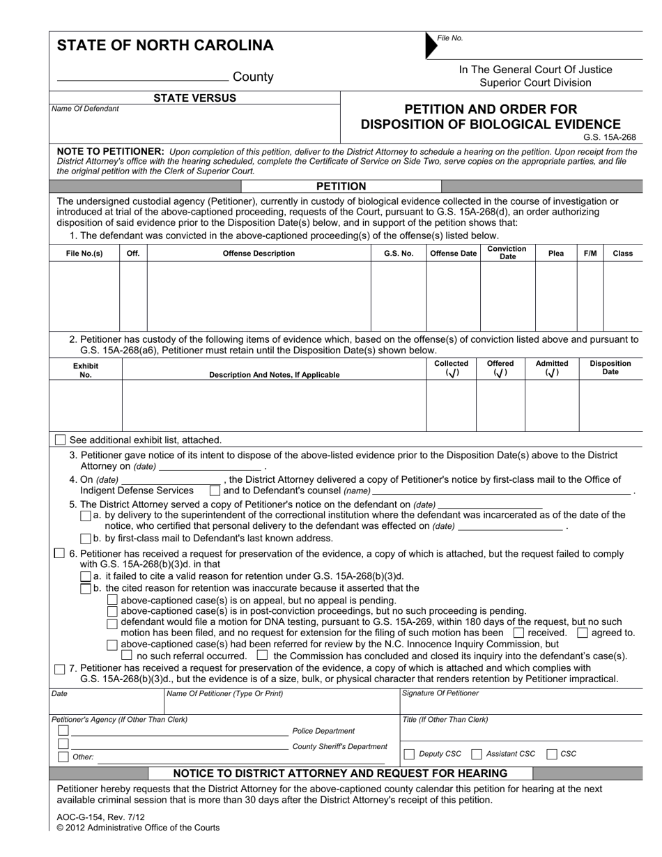 Form AOC-G-154 Petition and Order for Disposition of Biological Evidence - North Carolina, Page 1