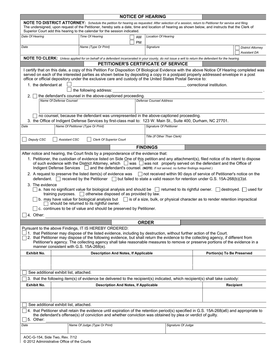 Form AOC-G-154 Petition and Order for Disposition of Biological Evidence - North Carolina, Page 2
