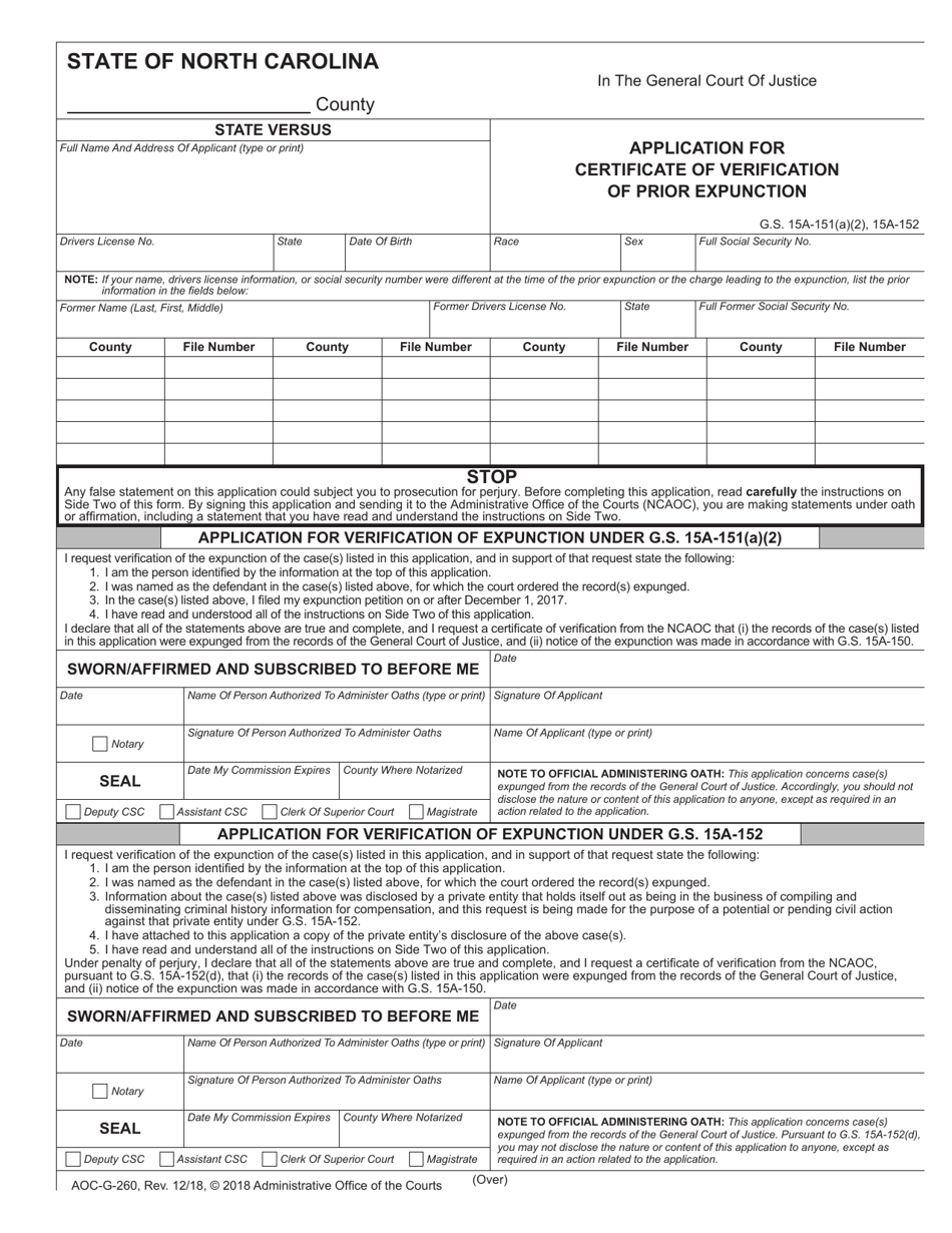 Form AOC-G-260 Application for Certificate of Verification of Prior Expunction - North Carolina, Page 1