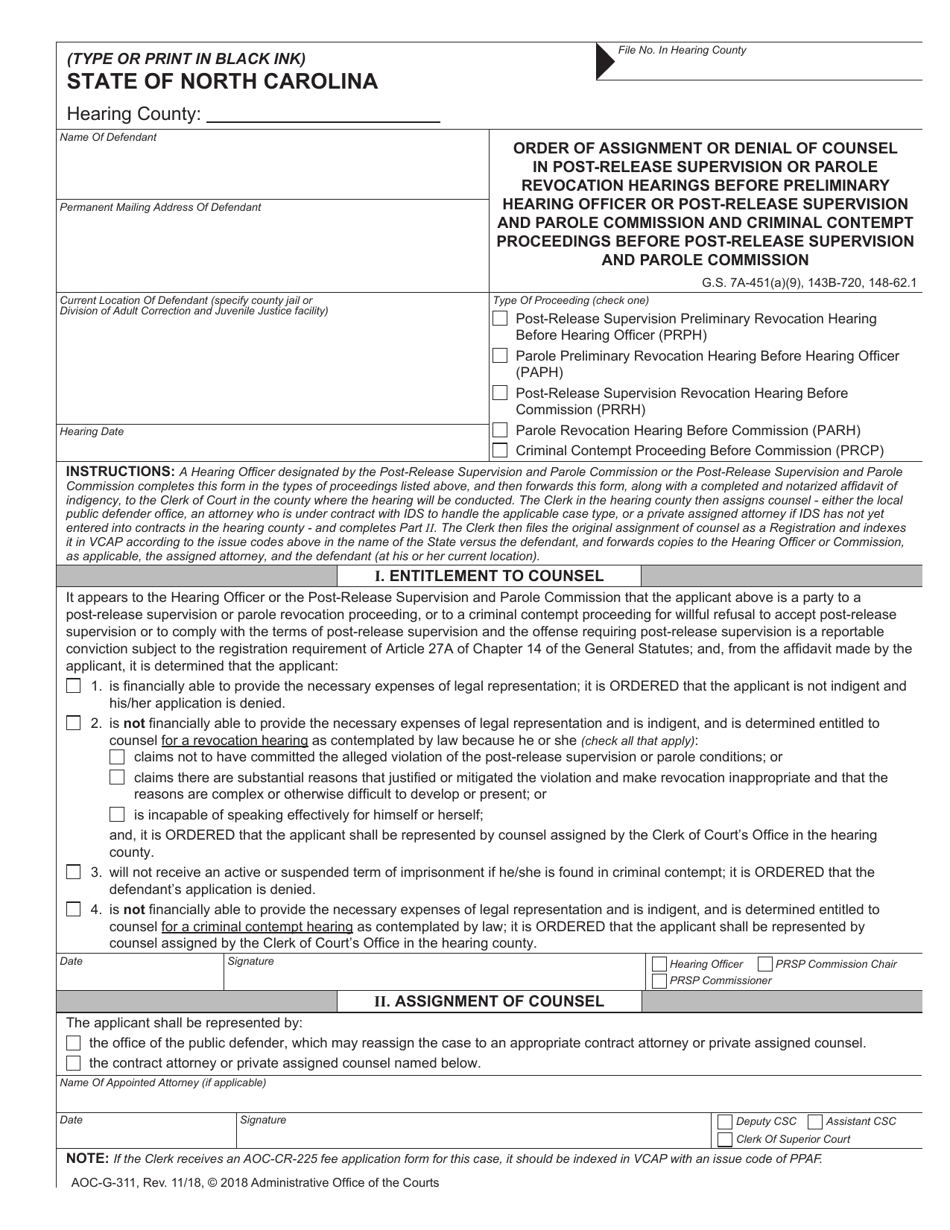 Form AOC-G-311 Order of Assignment or Denial of Counsel in Post-release Supervision or Parole Revocation Hearings Before Preliminary Hearing Officer or Post-release Supervision and Parole Commission and Criminal Contempt Proceedings Before Post-release Supervision and Parole Commission - North Carolina, Page 1