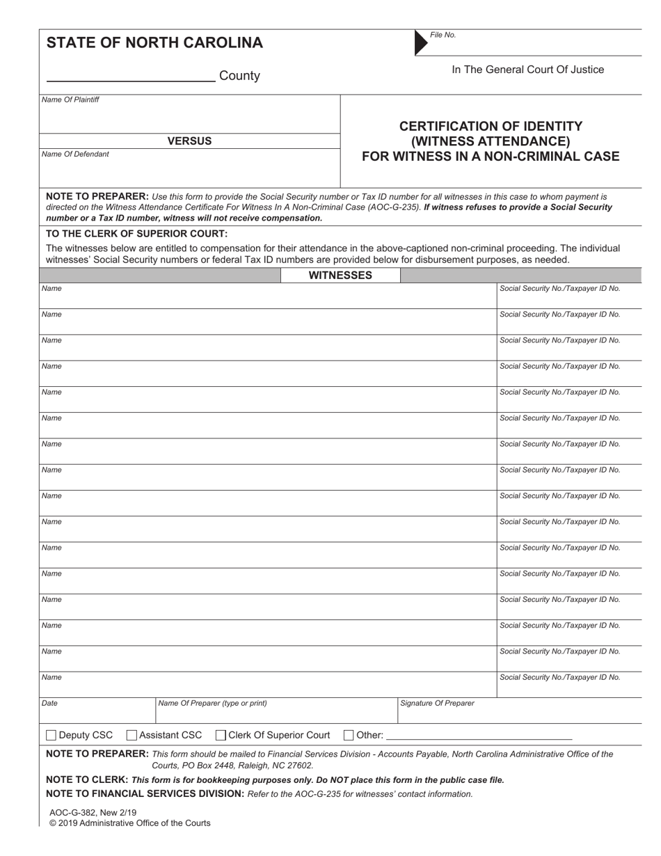 Form AOC-G-382 Certification of Identity (Witness Attendance) for Witness in a Non-criminal Case - North Carolina, Page 1