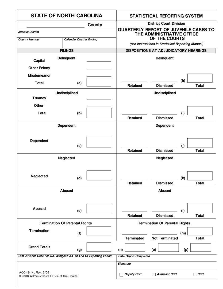 Form AOC-IS-14 Quarterly Report of Juvenile Cases to the Administrative Office of the Courts - North Carolina, Page 1