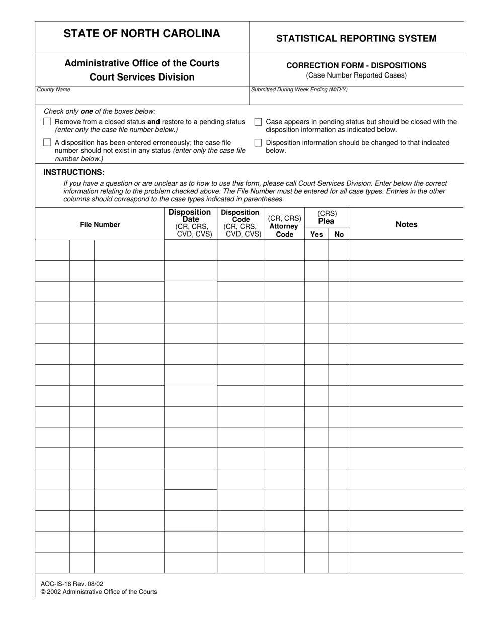 Form AOC-IS-18 Statistical Reporting System Correction Form - Dispositions (Case Number Reported Cases) - North Carolina, Page 1