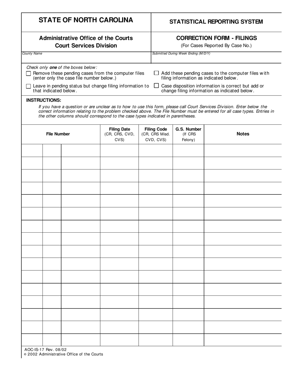 Form AOC-IS-17 Statistical Reporting System Correction Form - Filings (For Cases Reported by Case No.) - North Carolina, Page 1