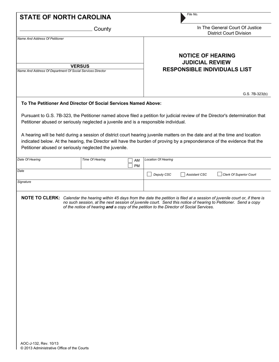 Form AOC-J-132 Notice of Hearing Judicial Review Responsible Individuals List - North Carolina, Page 1