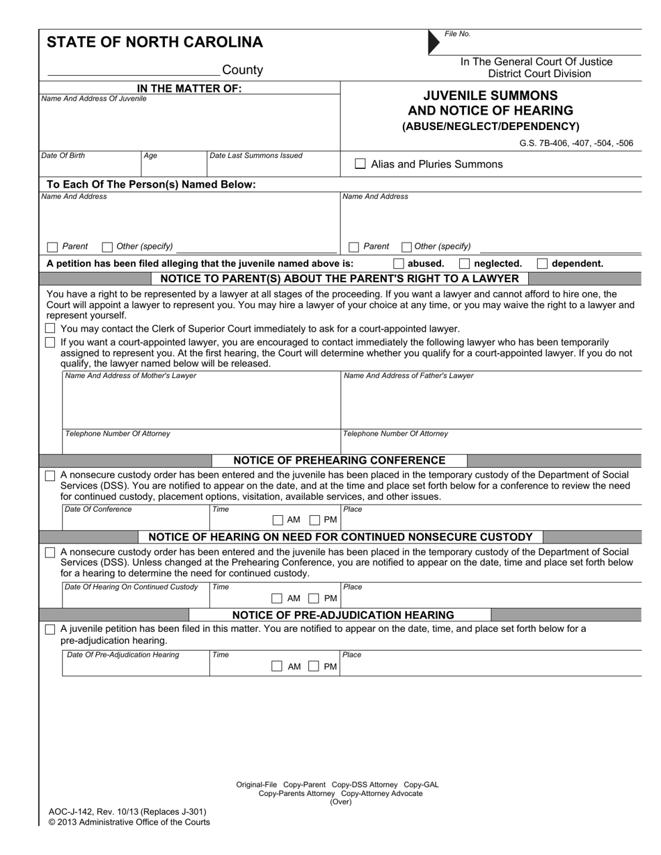 Form AOC-J-142 Juvenile Summons and Notice of Hearing (Abuse / Neglect / Dependency) - North Carolina, Page 1