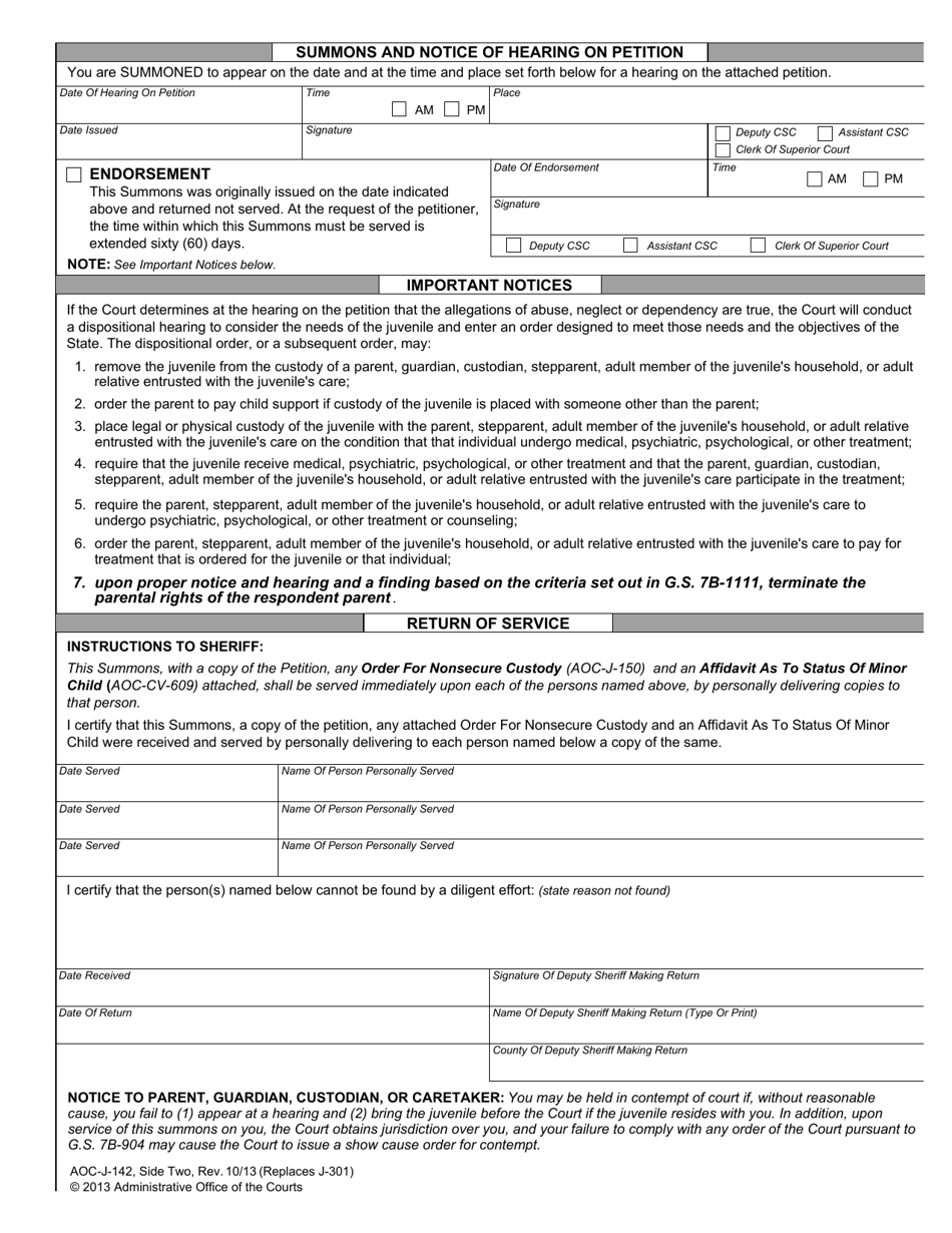 Form AOC-J-142 Juvenile Summons and Notice of Hearing (Abuse / Neglect / Dependency) - North Carolina, Page 2