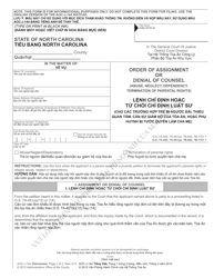 Document preview: Form AOC-J-144 Order of Assignment or Denial of Counsel (Abuse, Neglect, Dependency; Termination of Parental Rights) - North Carolina (English/Vietnamese)