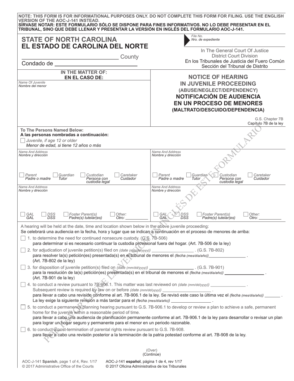 Form AOC-J-141 Notice of Hearing in Juvenile Proceeding (Abuse / Neglect / Dependency) - North Carolina (English / Spanish), Page 1