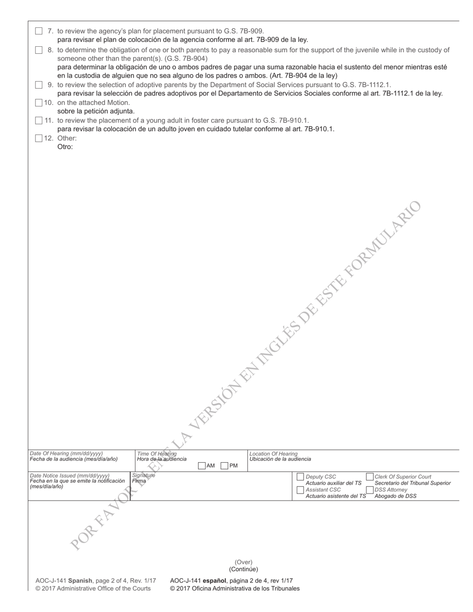 Form AOC-J-141 Notice of Hearing in Juvenile Proceeding (Abuse / Neglect / Dependency) - North Carolina (English / Spanish), Page 2
