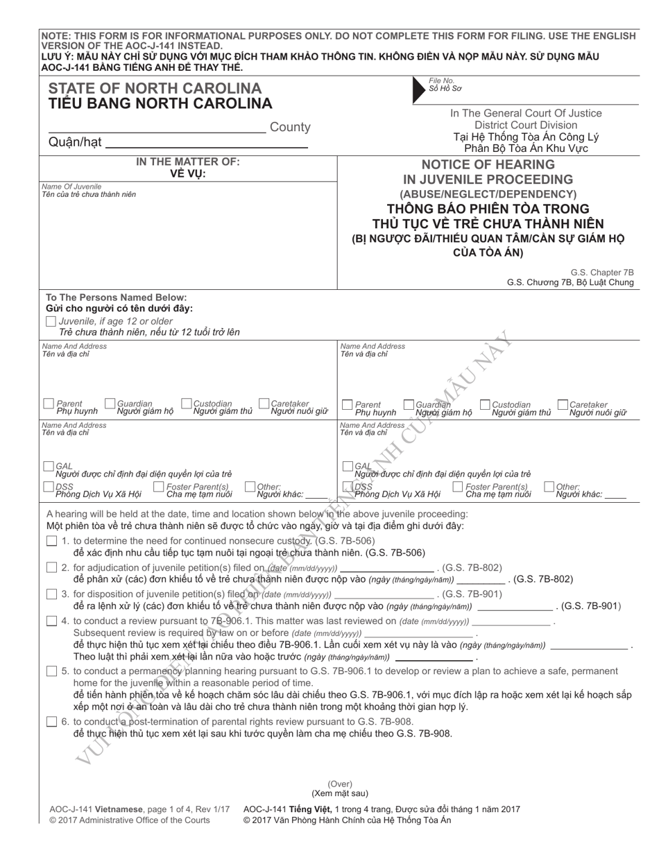 Form AOC-J-141 Notice of Hearing in Juvenile Proceeding (Abuse / Neglect / Dependency) - North Carolina (English / Vietnamese), Page 1