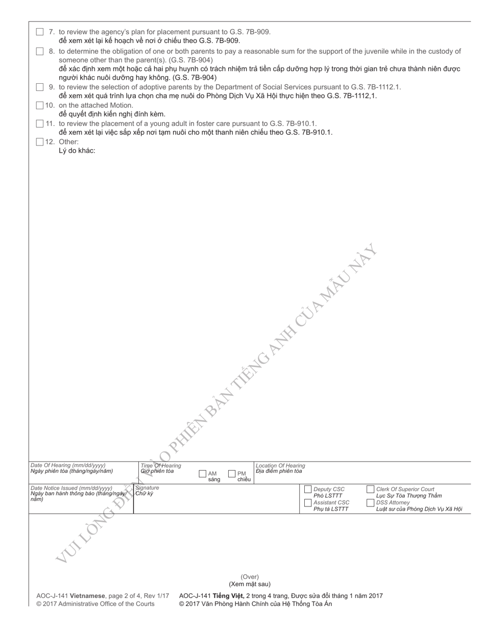 Form AOC-J-141 Notice of Hearing in Juvenile Proceeding (Abuse / Neglect / Dependency) - North Carolina (English / Vietnamese), Page 2