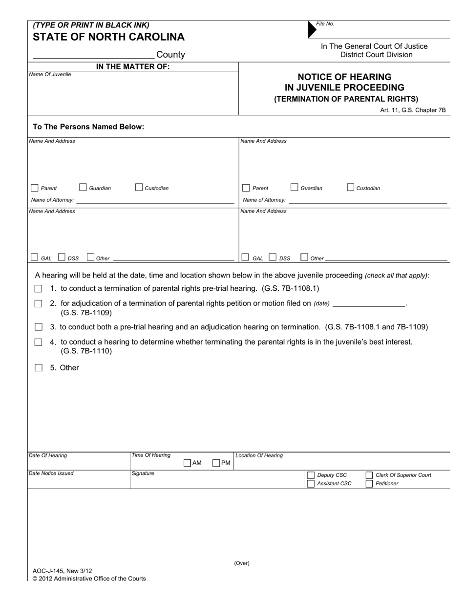 Form AOC-J-145 Notice of Hearing in Juvenile Proceeding (Termination of Parental Rights) - North Carolina, Page 1