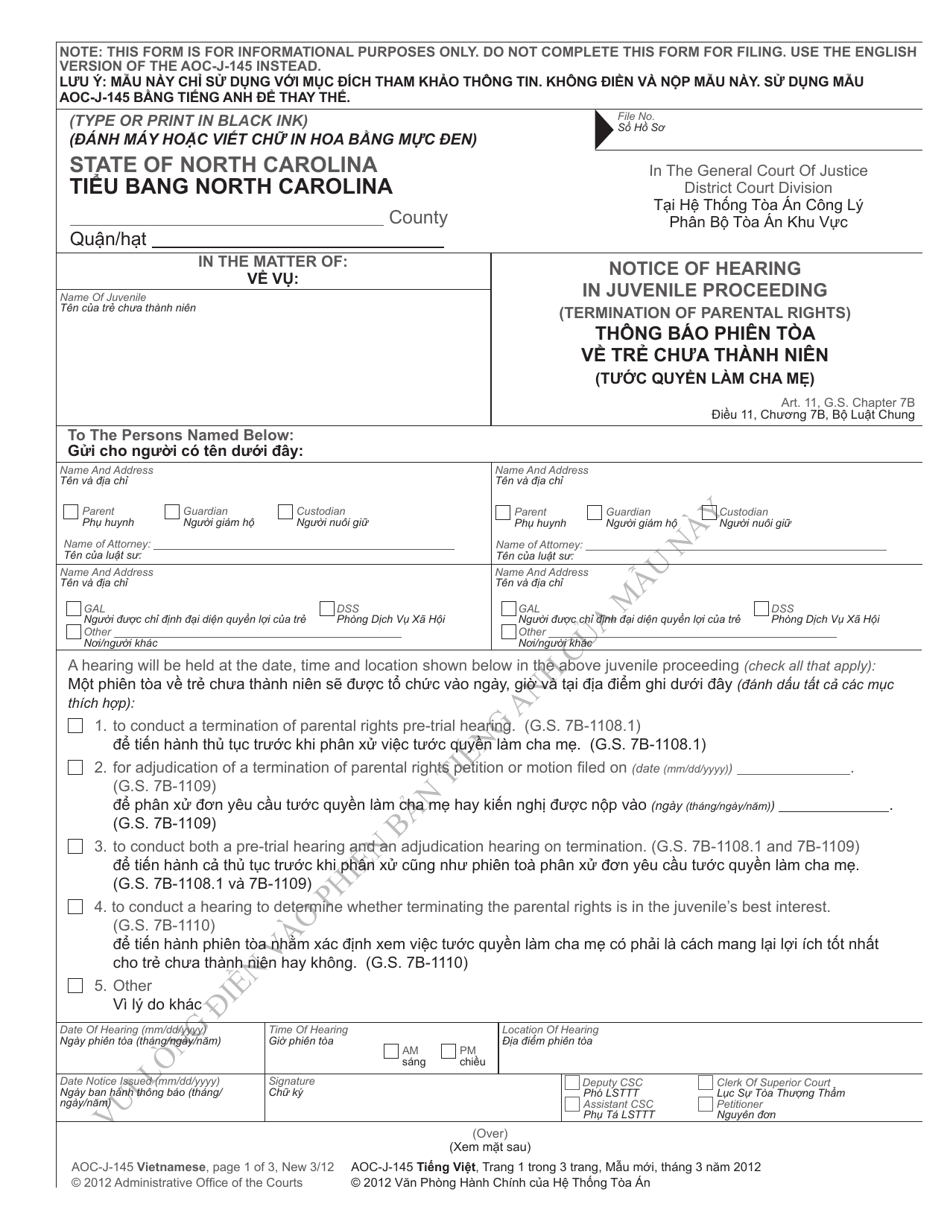 Form AOC-J-145 Notice of Hearing in Juvenile Proceeding (Termination of Parental Rights) - North Carolina (English / Vietnamese), Page 1
