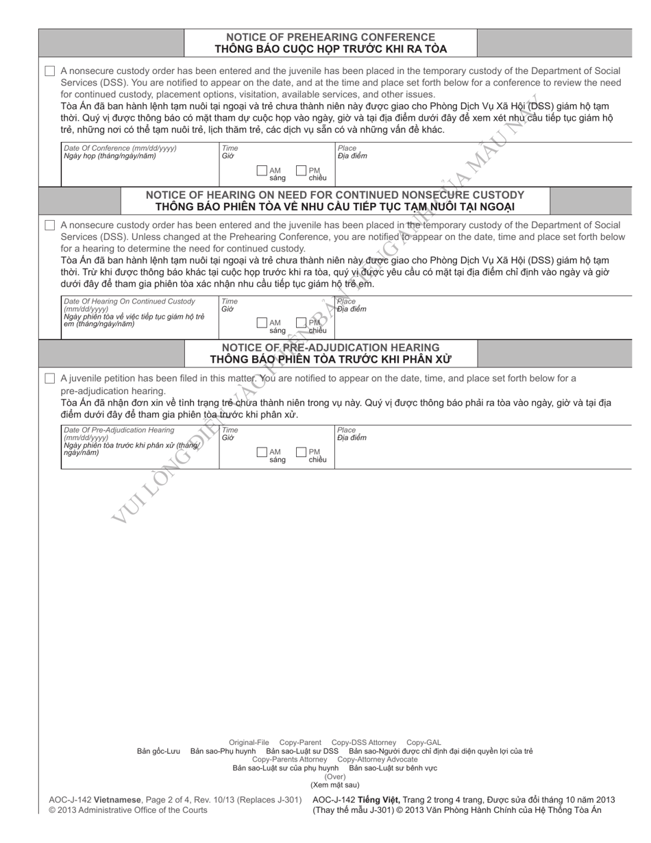 Form AOC-J-142 Juvenile Summons and Notice of Hearing (Abuse / Neglect / Dependency) - North Carolina (English / Vietnamese), Page 2