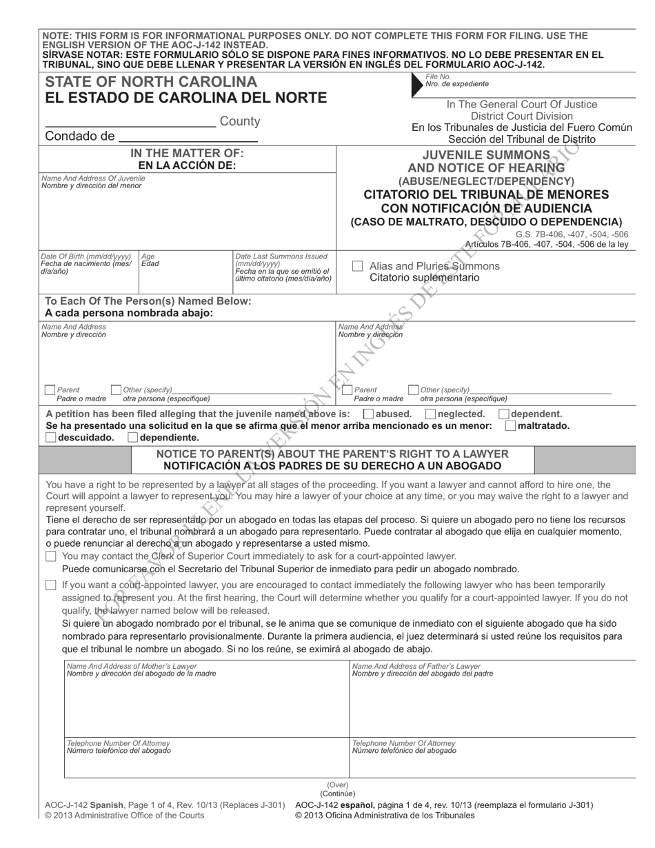 Form AOC-J-142 Juvenile Summons and Notice of Hearing (Abuse / Neglect / Dependency) - North Carolina (English / Spanish), Page 1