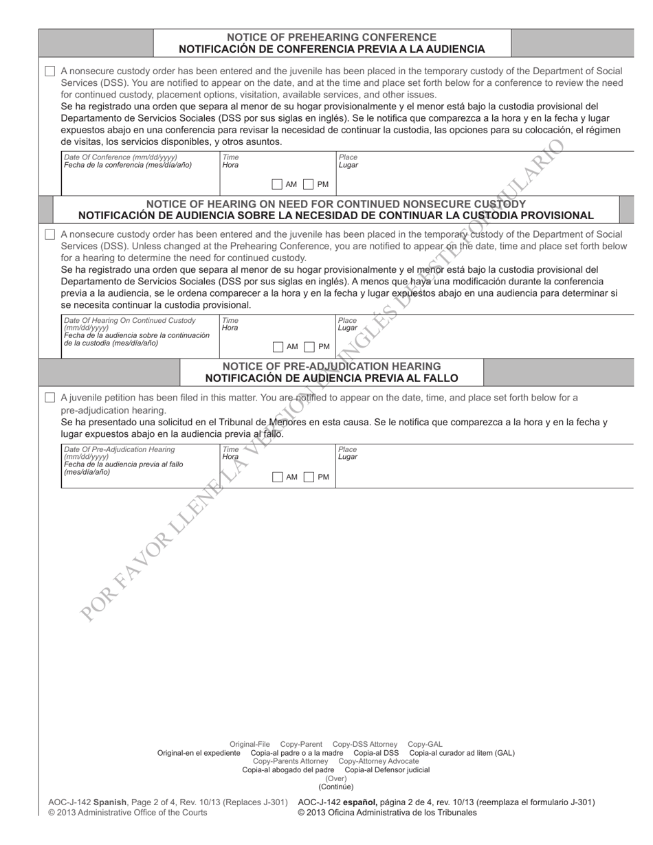 Form AOC-J-142 Juvenile Summons and Notice of Hearing (Abuse / Neglect / Dependency) - North Carolina (English / Spanish), Page 2
