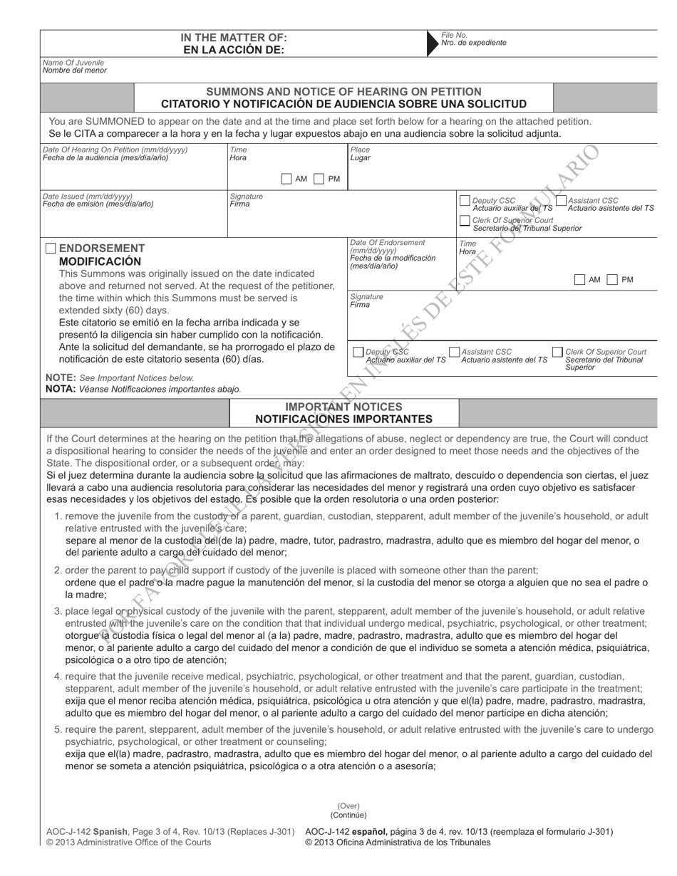 Form AOC-J-142 Juvenile Summons and Notice of Hearing (Abuse / Neglect / Dependency) - North Carolina (English / Spanish), Page 3
