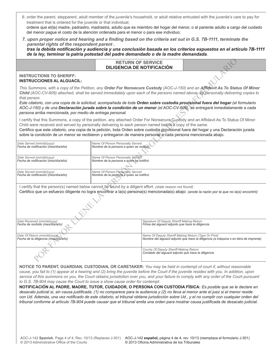 Form AOC-J-142 Juvenile Summons and Notice of Hearing (Abuse / Neglect / Dependency) - North Carolina (English / Spanish), Page 4