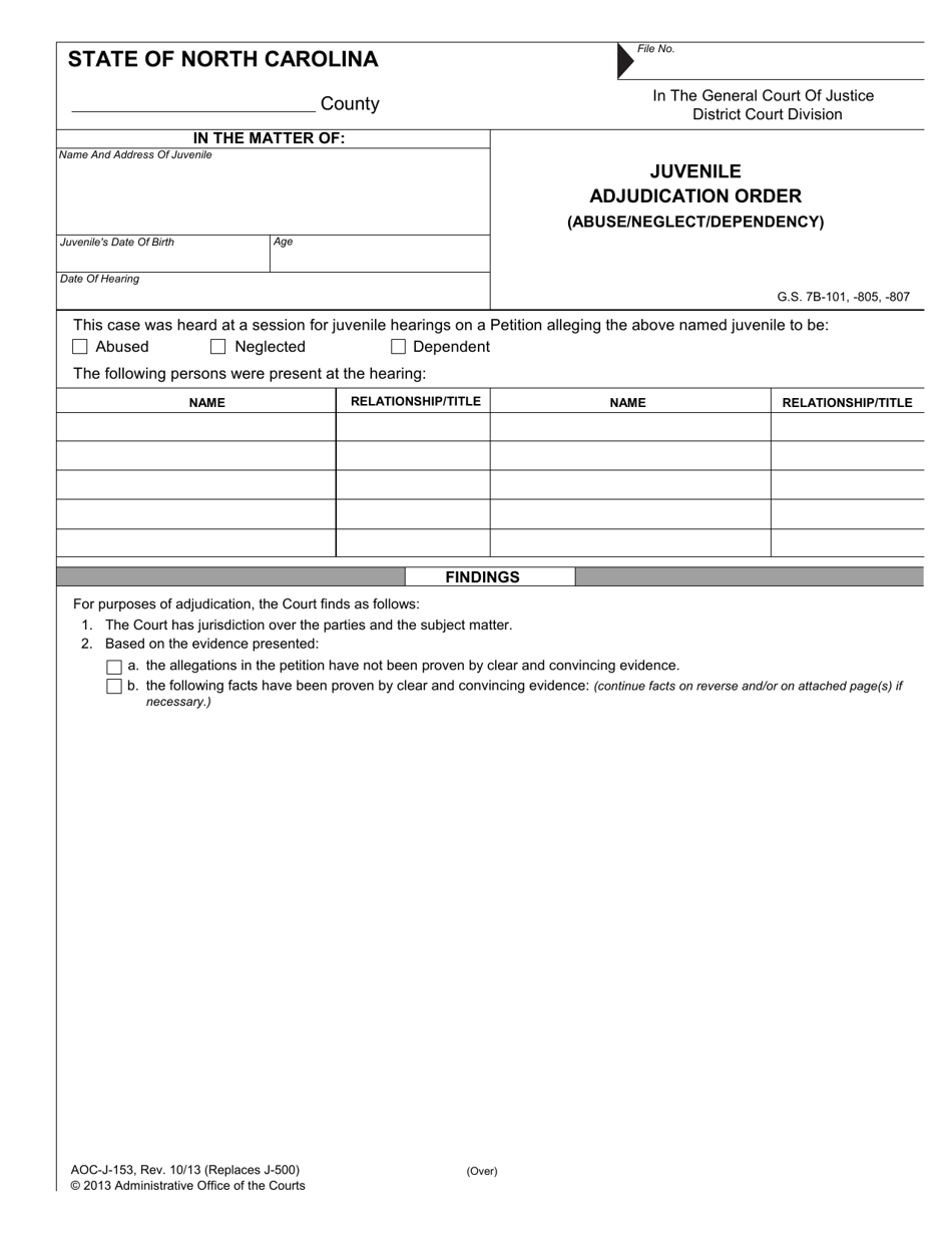 Form AOC-J-153 Juvenile Adjudication Order (Abuse / Neglect / Dependency) - North Carolina, Page 1