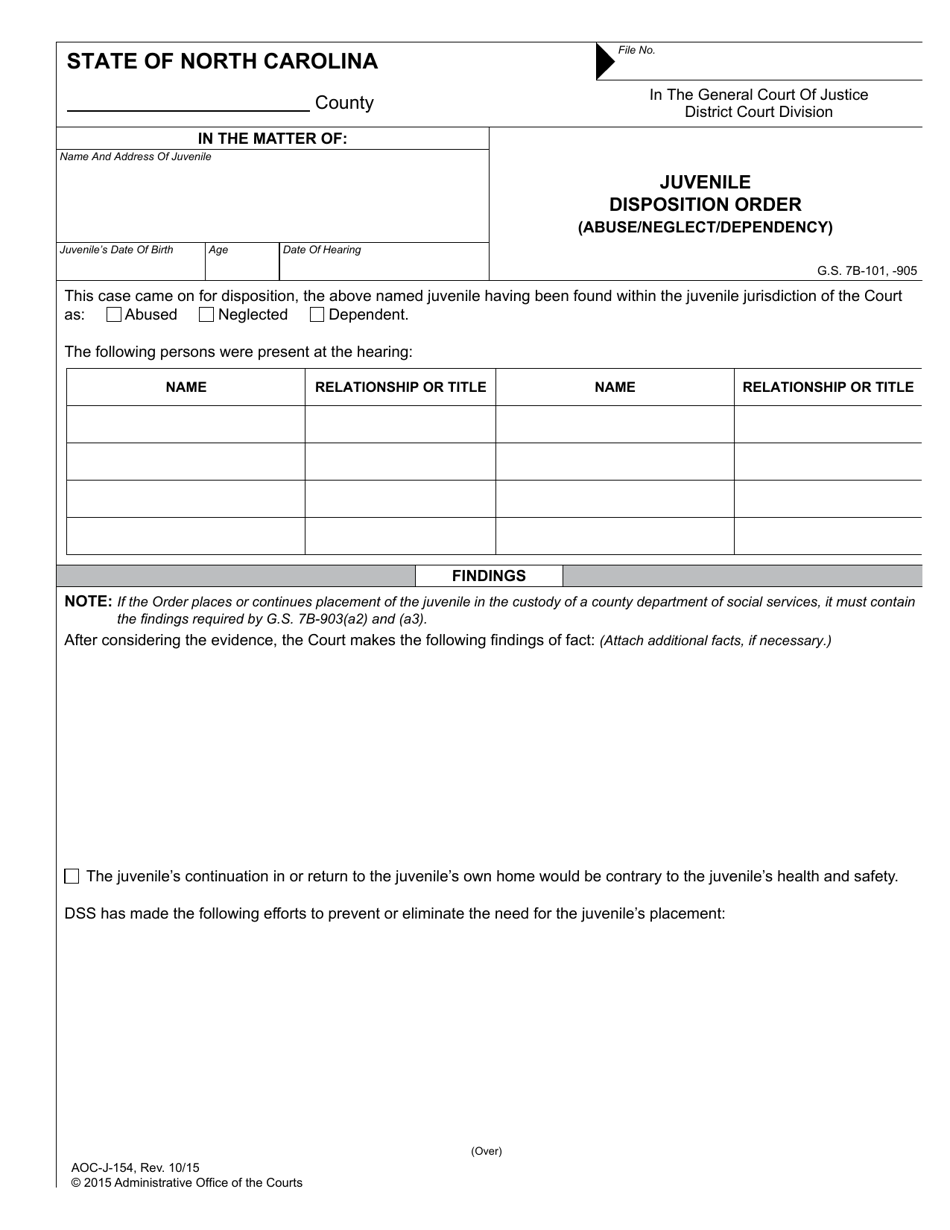 Form AOC-J-154 Juvenile Disposition Order (Abuse / Neglect / Dependency) - North Carolina, Page 1