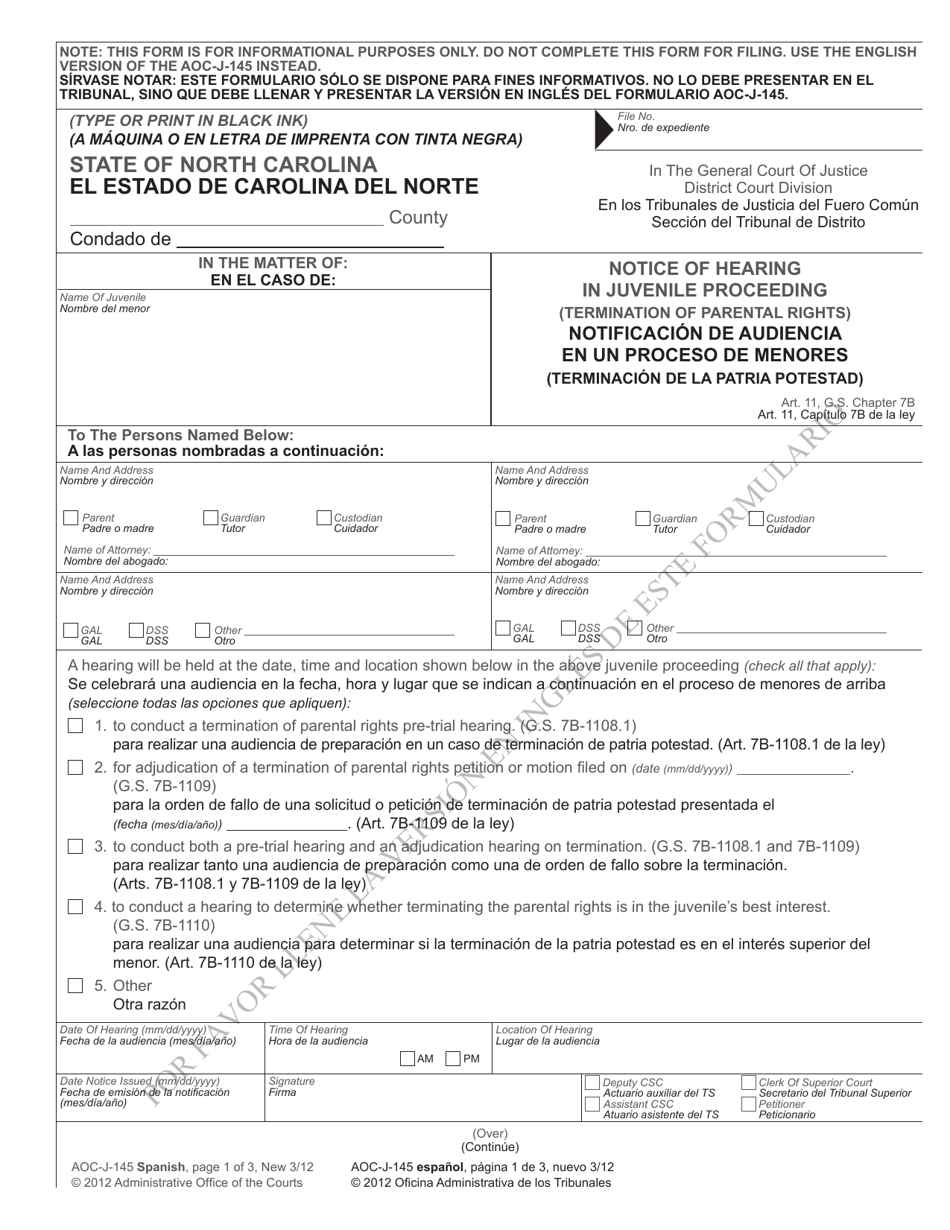 Form AOC-J-145 Notice of Hearing in Juvenile Proceeding (Termination of Parental Rights) - North Carolina (English / Spanish), Page 1