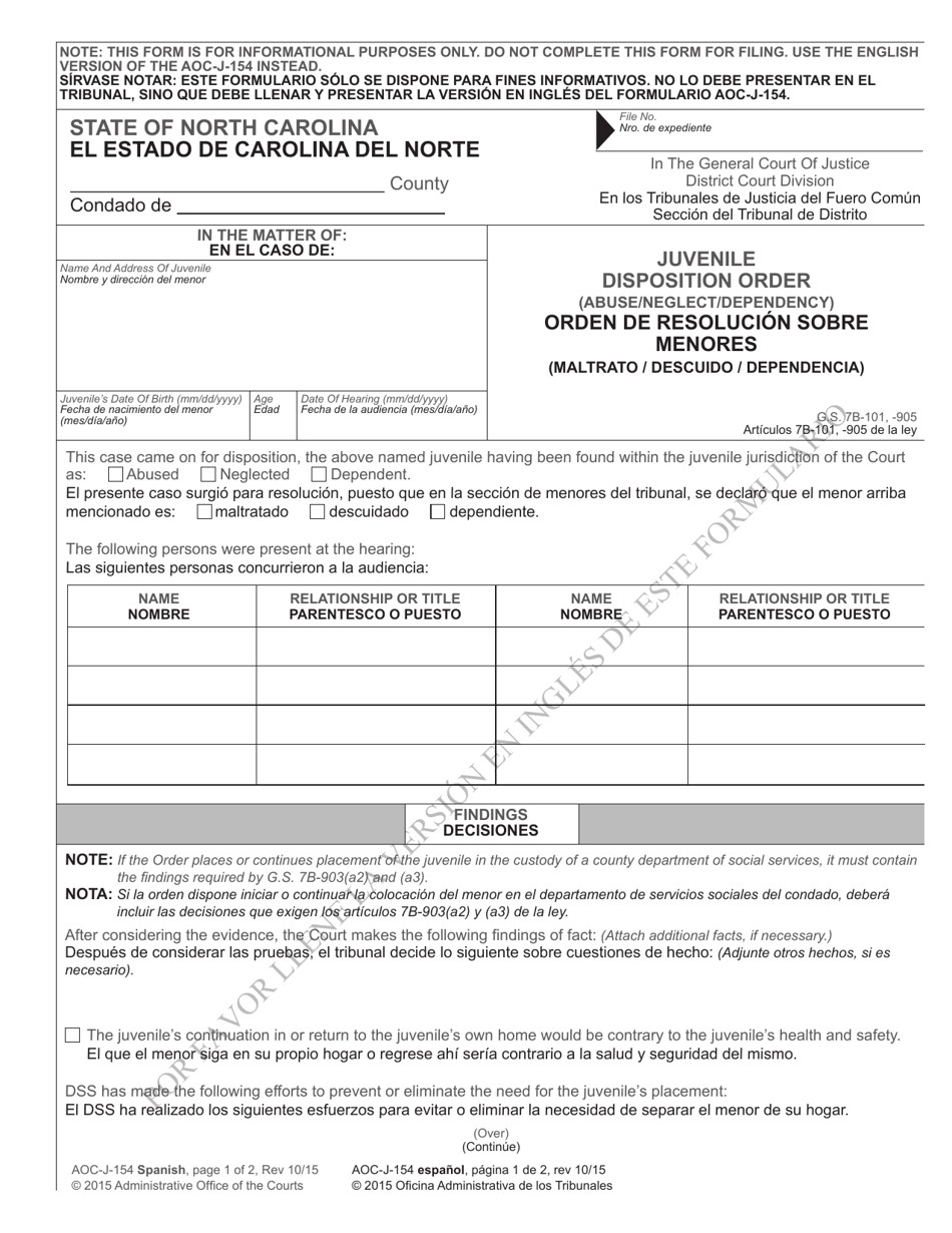 Form AOC-J-154 Juvenile Disposition Order (Abuse / Neglect / Dependency) - North Carolina (English / Spanish), Page 1