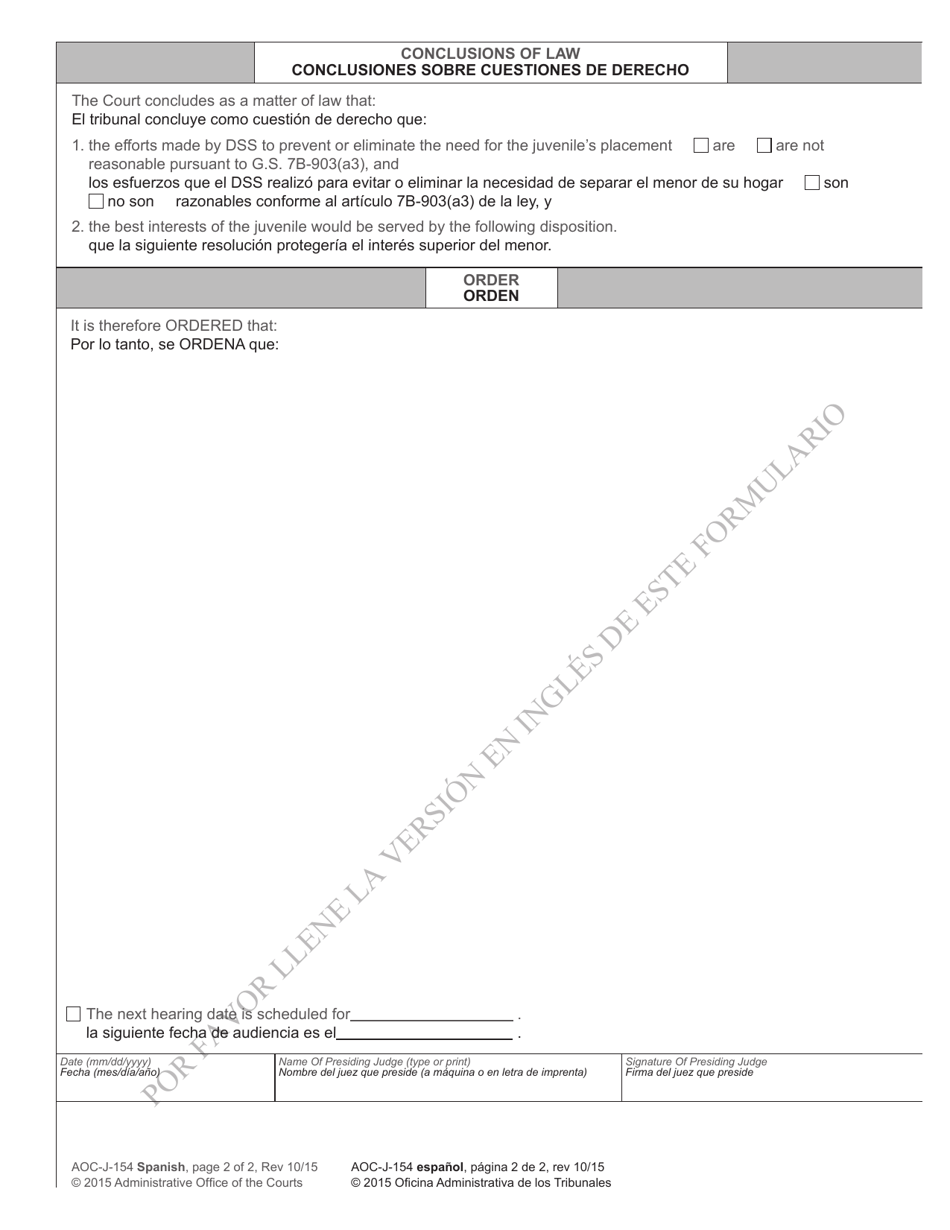 Form AOC-J-154 Juvenile Disposition Order (Abuse / Neglect / Dependency) - North Carolina (English / Spanish), Page 2
