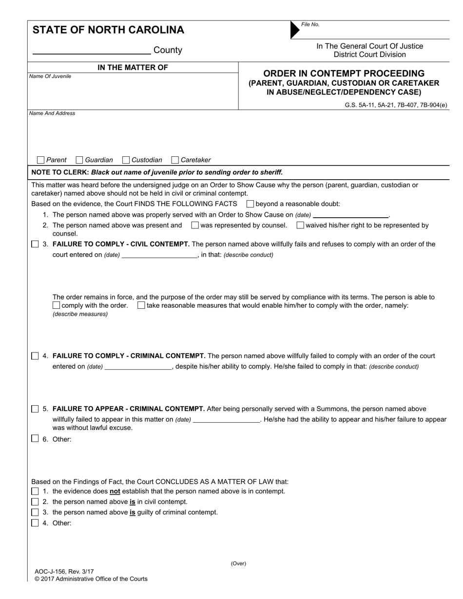 Form AOC-J-156 Order in Contempt Proceeding (Parent, Guardian, Custodian or Caretaker in Abuse/Neglect/Dependency Case) - North Carolina, Page 1